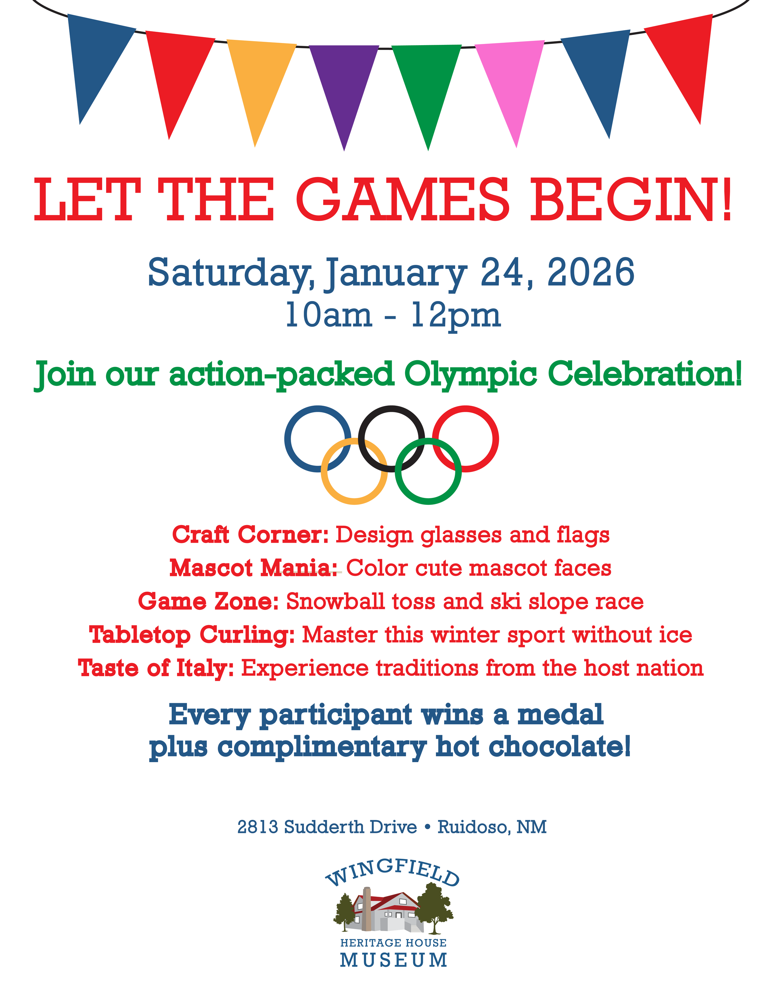 Promotional event flyer for Olympic celebration at Wingfield Heritage House Museum in Ruidoso, NM
