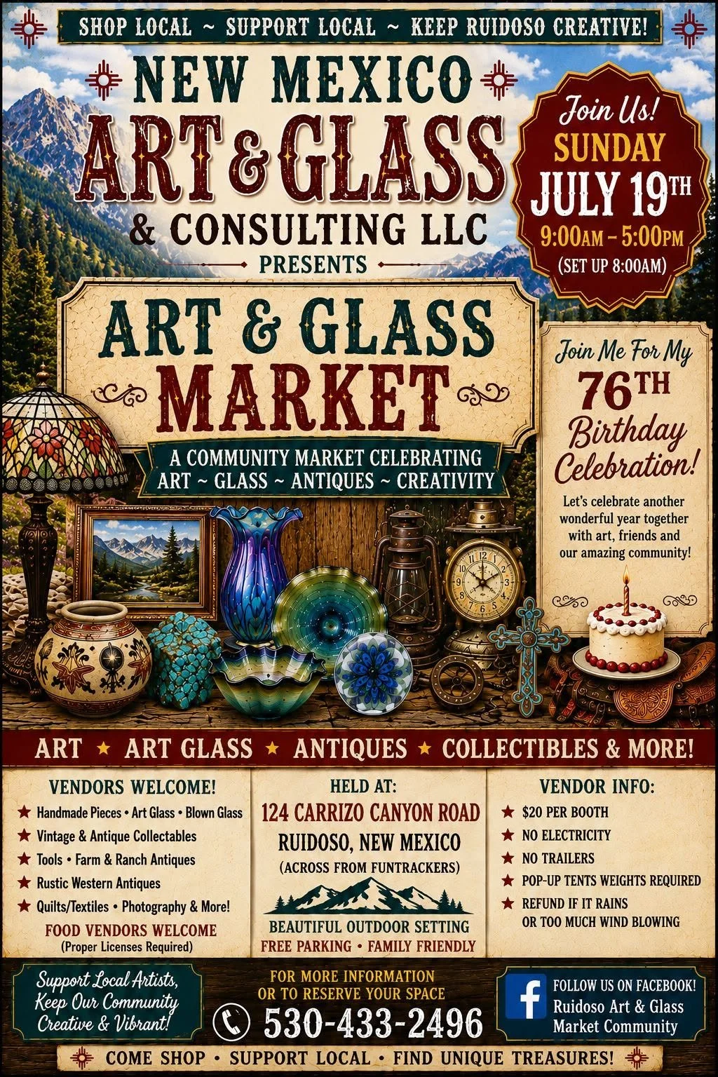 Promotional poster for the Art & Glass Market at New Mexico Art & Glass, July 19 in Ruidoso, featuring local art, glass, antiques, and collectibles.