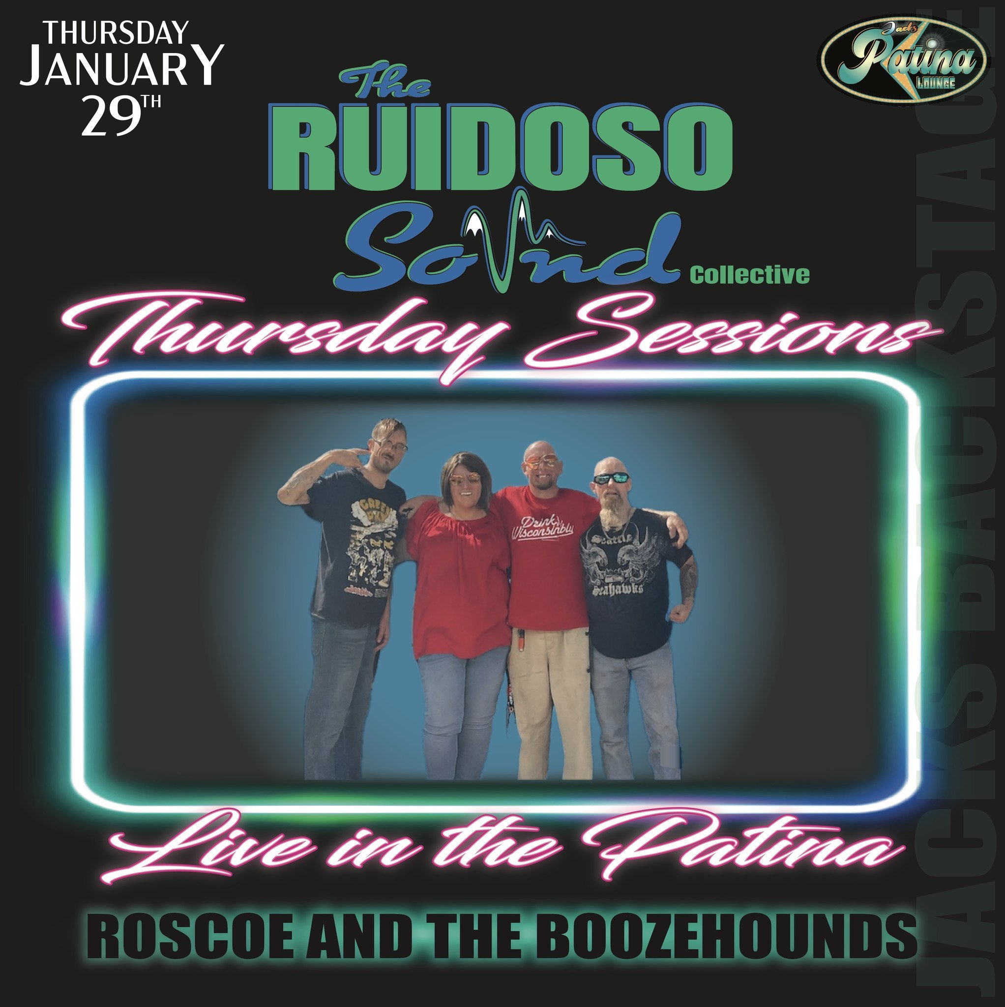 Promotional event graphic for live music at Jacks Patina Lounge in Ruidoso, NM