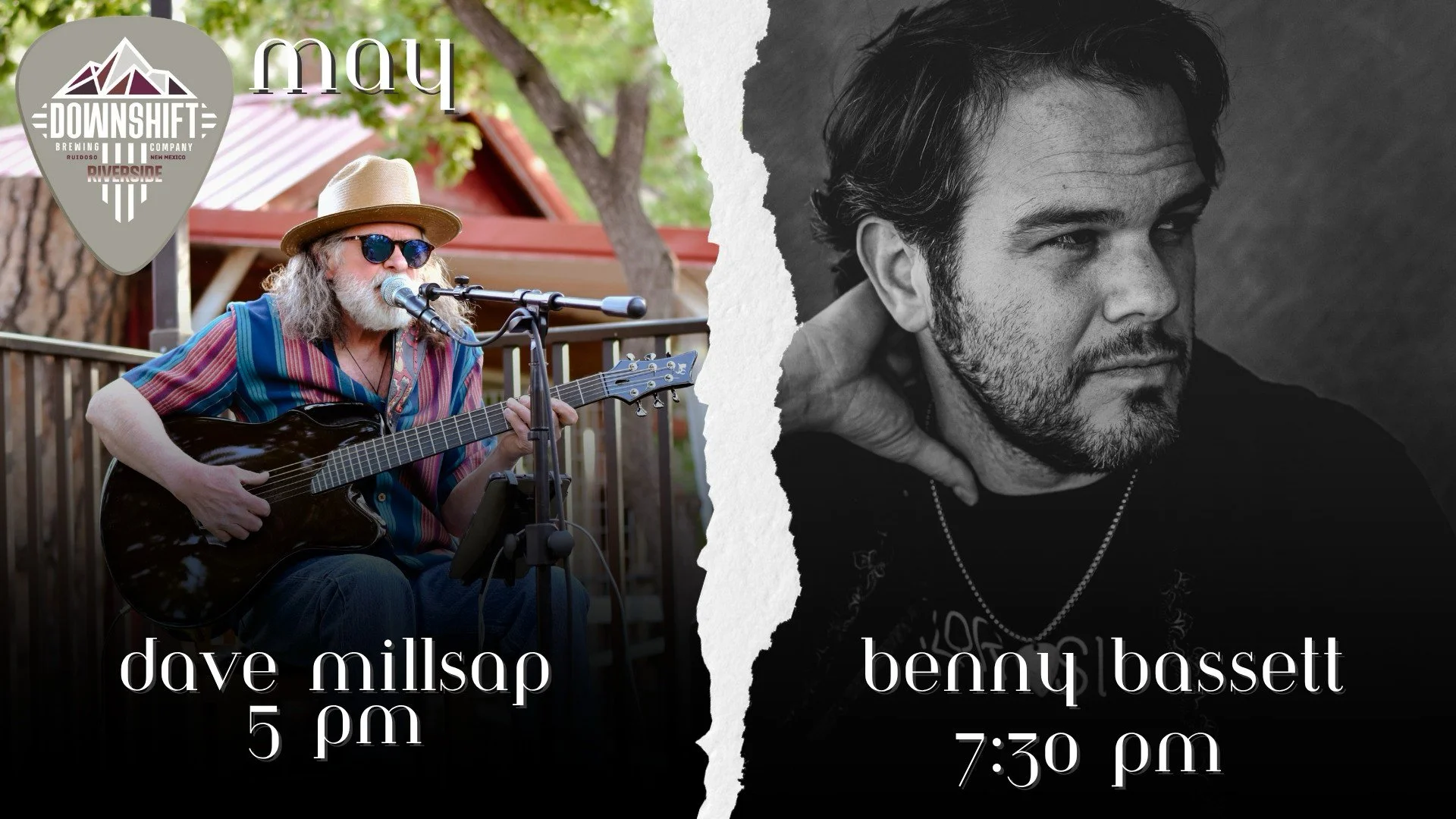 Promotional graphic for Dave Millsap and Benny Bassett performing live at Downshift Brewing Co. – Riverside in Ruidoso on May 29, 2026, featuring artist portraits and scheduled performance times.