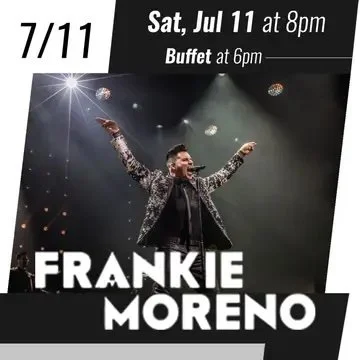 Promotional poster for Frankie Moreno performing at Spencer Theater on Saturday, July 11 at 8 PM.