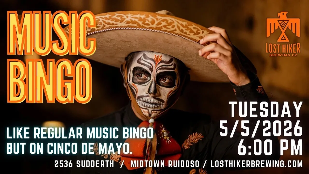 Promotional event graphic for Music Bingo at Lost Hiker Brewing Company Midtown Taproom in Ruidoso, NM