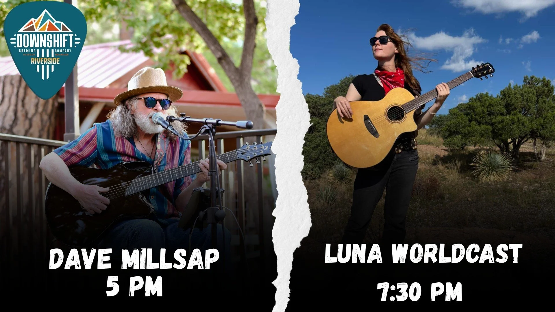 Split promotional graphic showing musician Dave Millsap performing guitar and vocals at 5 PM and Luna Worldcast with an acoustic guitar at 7:30 PM at Downshift Brewing Co. - Riverside.