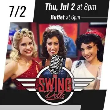 Promotional poster for The Swing Dolls performing at Spencer Theater on Thursday, July 2 at 8 PM.