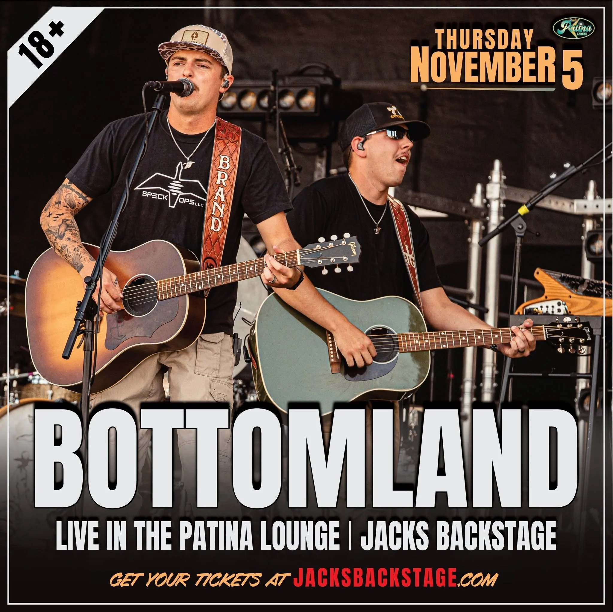 Bottomland performing live with acoustic guitars; the band plays the Patina Lounge at Jacks Backstage in Ruidoso on November 5, 2026.