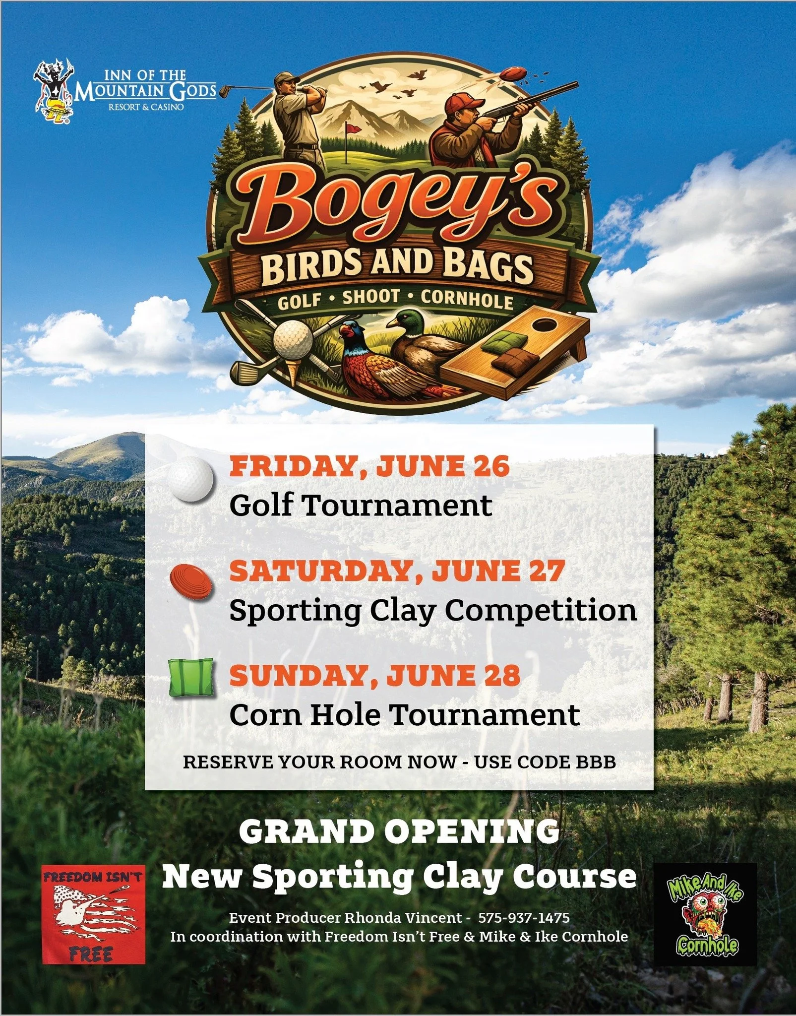 Promotional event graphic for June 26-28 Golf, Sporting Clay Competition, and Corn Hole Tournament Weekend june 26-28, 2026, at Inn of the Mountain Gods Resort near Ruidoso, NM