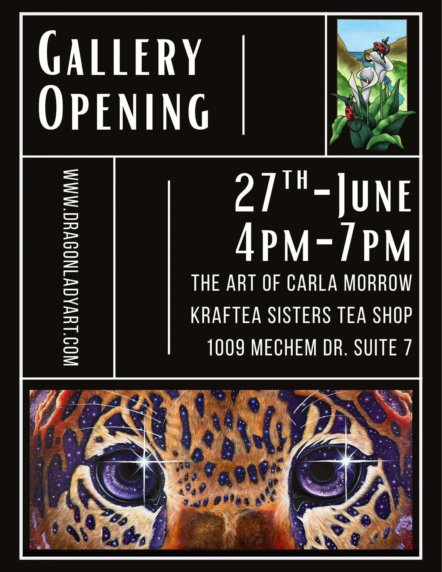 Promotional poster for the Gallery Opening of The Art of Carla Morrow at KrafTea Sisters Tea Shop in Ruidoso, featuring event details and a colorful cosmic wildlife painting of a leopard with vibrant purple eyes.