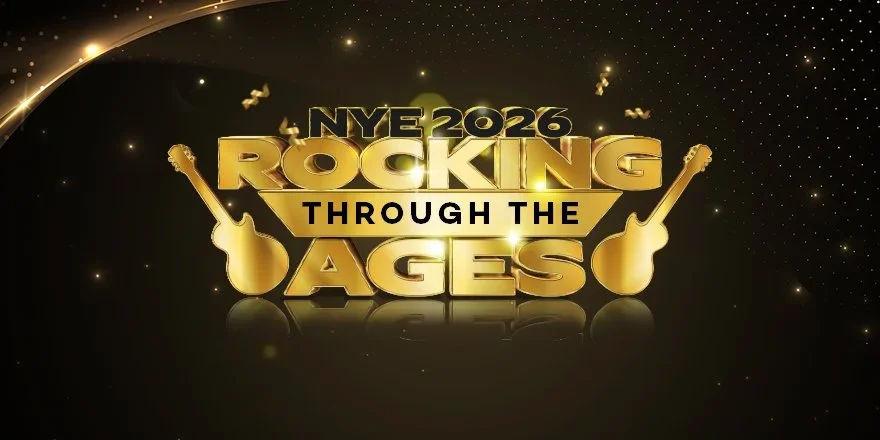 Promotional event graphic for NYE 2026 Rocking Through the Ages party at Inn of the Mountain Gods near Ruidoso, NM