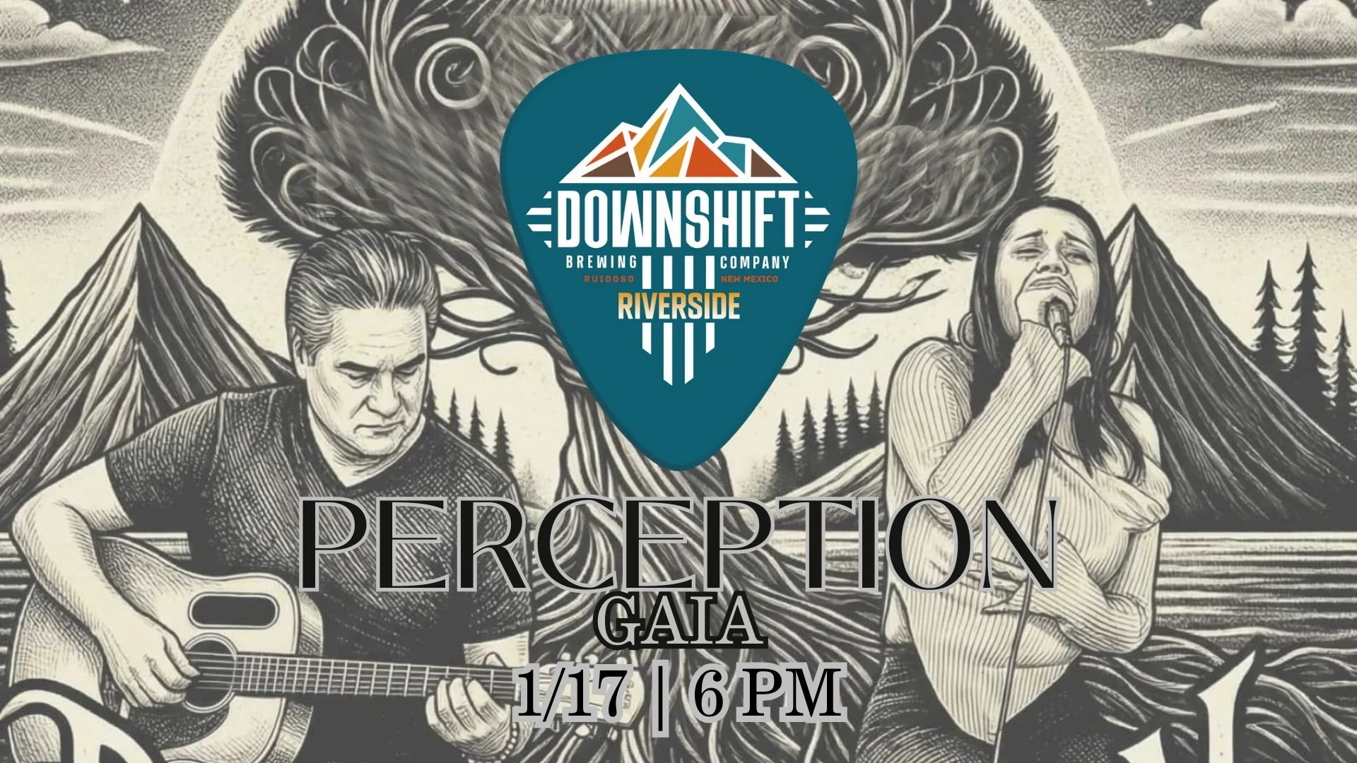 Promotional event graphic for live music at Downshift Brewing Company Riverside in Ruidoso, NM