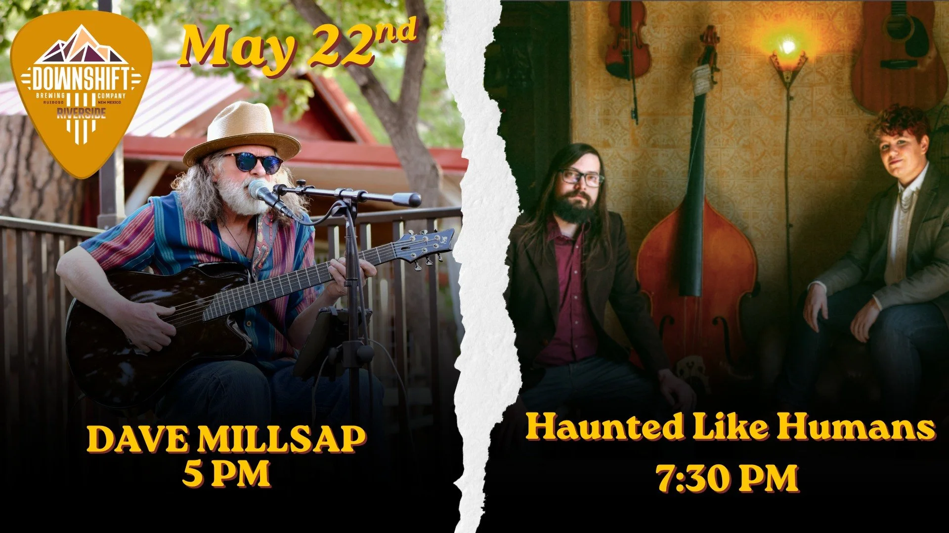 Split promotional image featuring guitarist Dave Millsap performing live alongside folk duo Haunted Like Humans with event details for Downshift Brewing Company Riverside in Ruidoso.