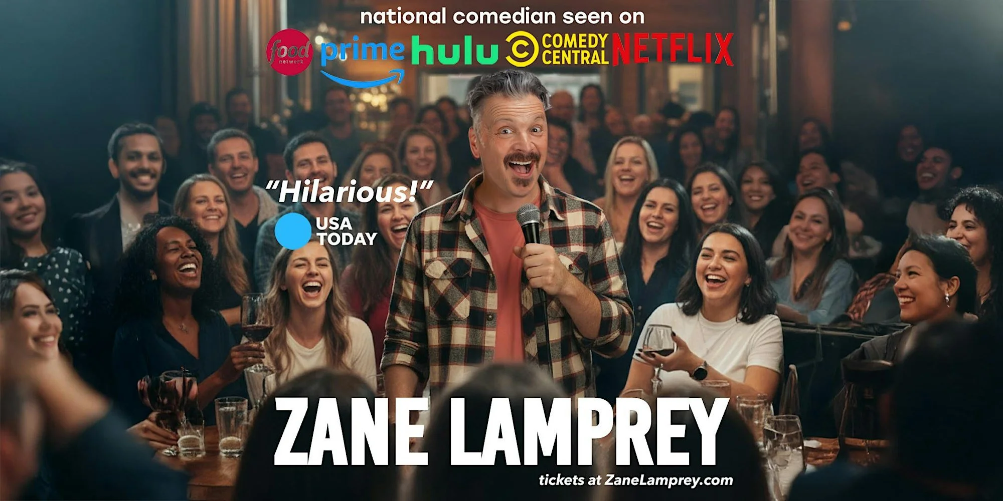 Promotional event graphic for Zane Lamprey comedy tour performance at Downshift Brewing Company Riverside in Ruidoso, NM