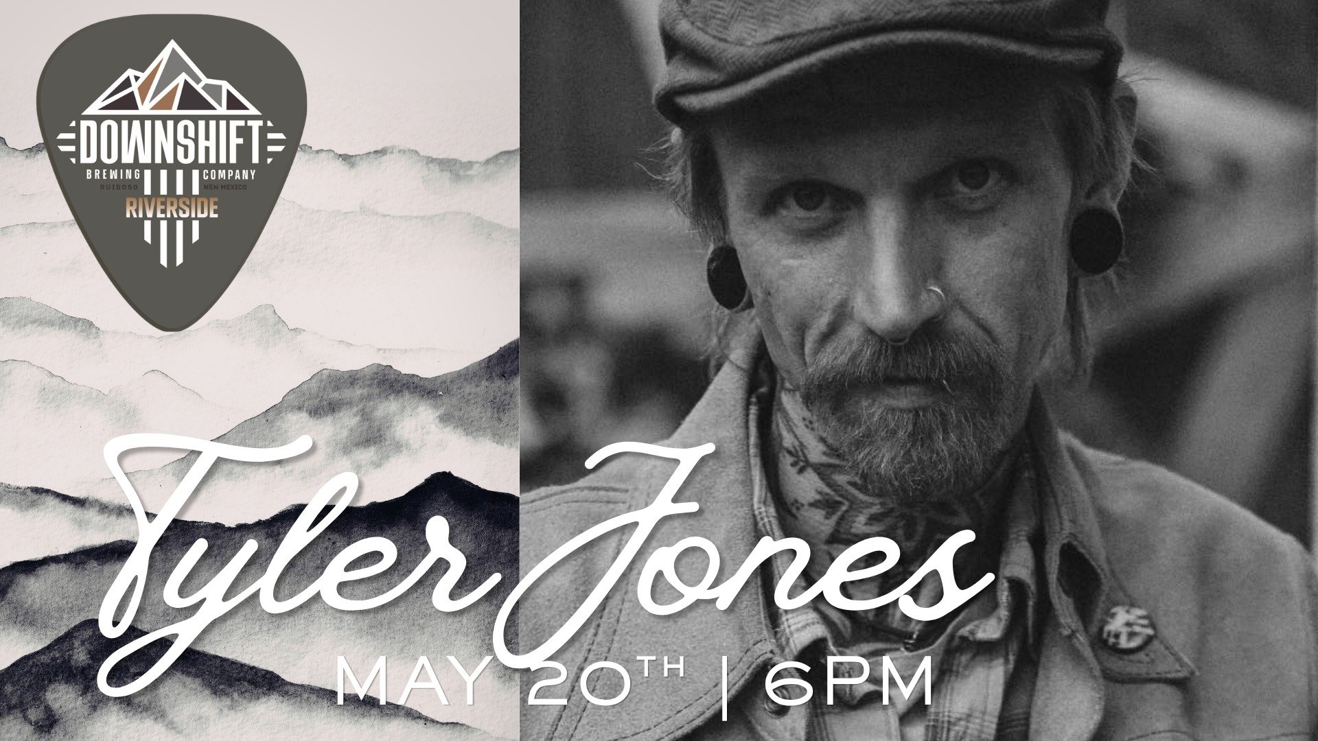 Black-and-white promotional image of musician Tyler Jones with event details for a May 20 performance at Downshift Brewing Co. - Riverside.