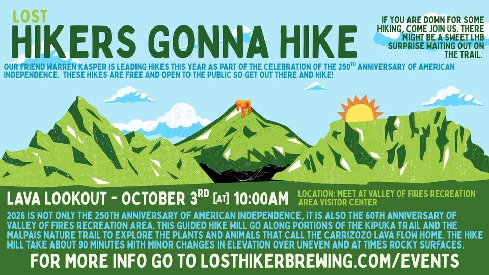 Illustrated promotional graphic for the Lost Hikers Gonna Hike Lava Lookout Hike at Valley of Fires Recreation Area on October 3, 2026, featuring mountains, volcanic terrain, and guided hiking information.
