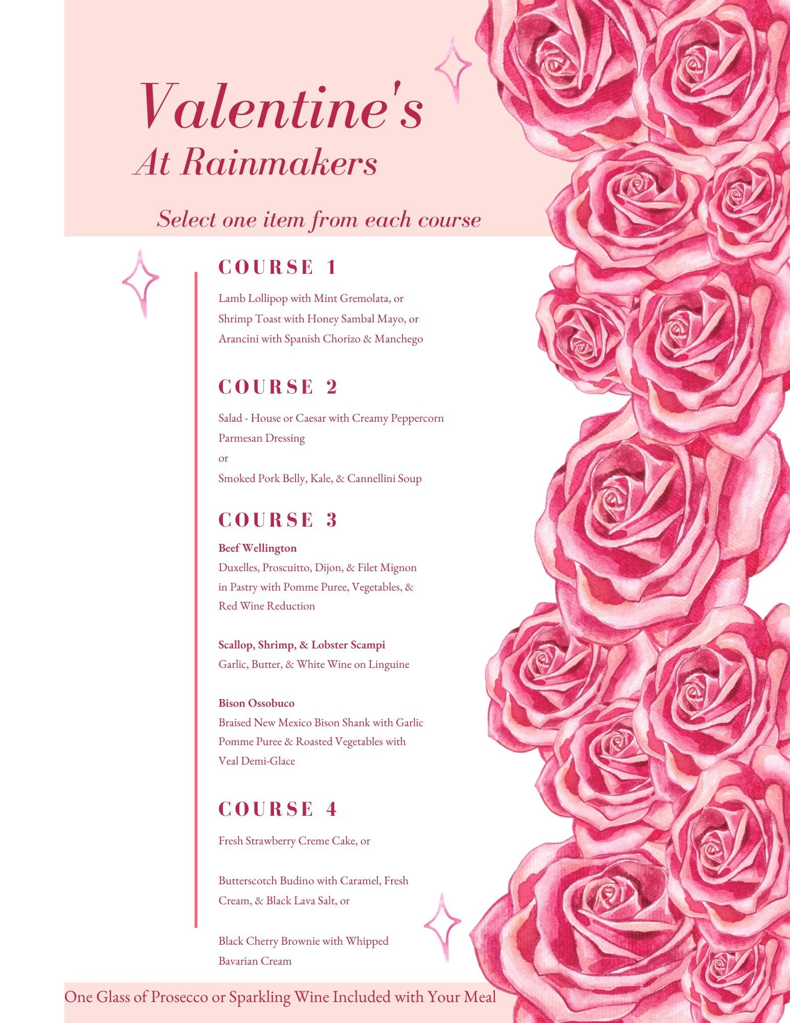 Promotional event graphic for Valentine's Dinner at Rainmakers Resort and Club in Alto, NM near Ruidoso.