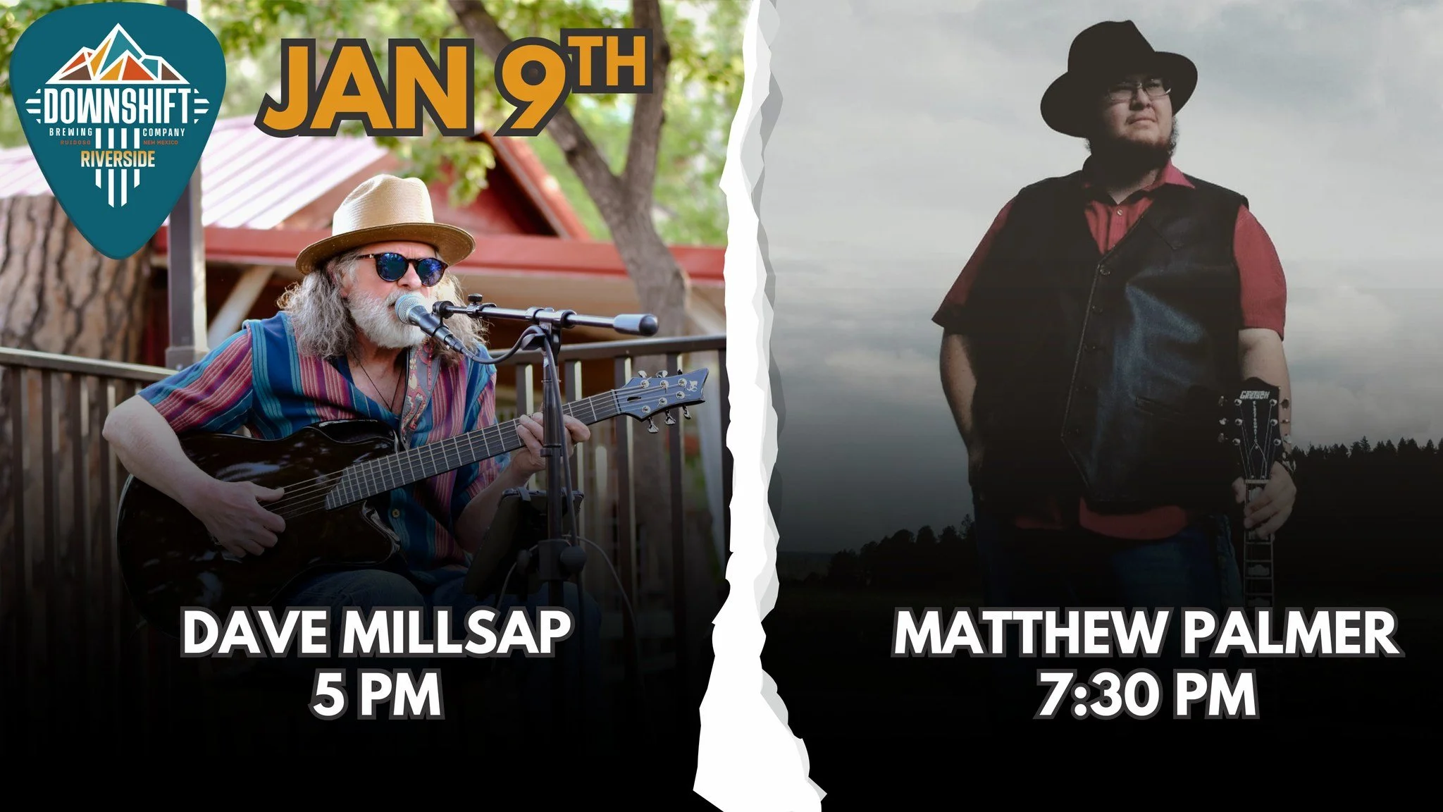 Promotional event graphic for live music at Downshift Brewing Company Riverside in Ruidoso, NM