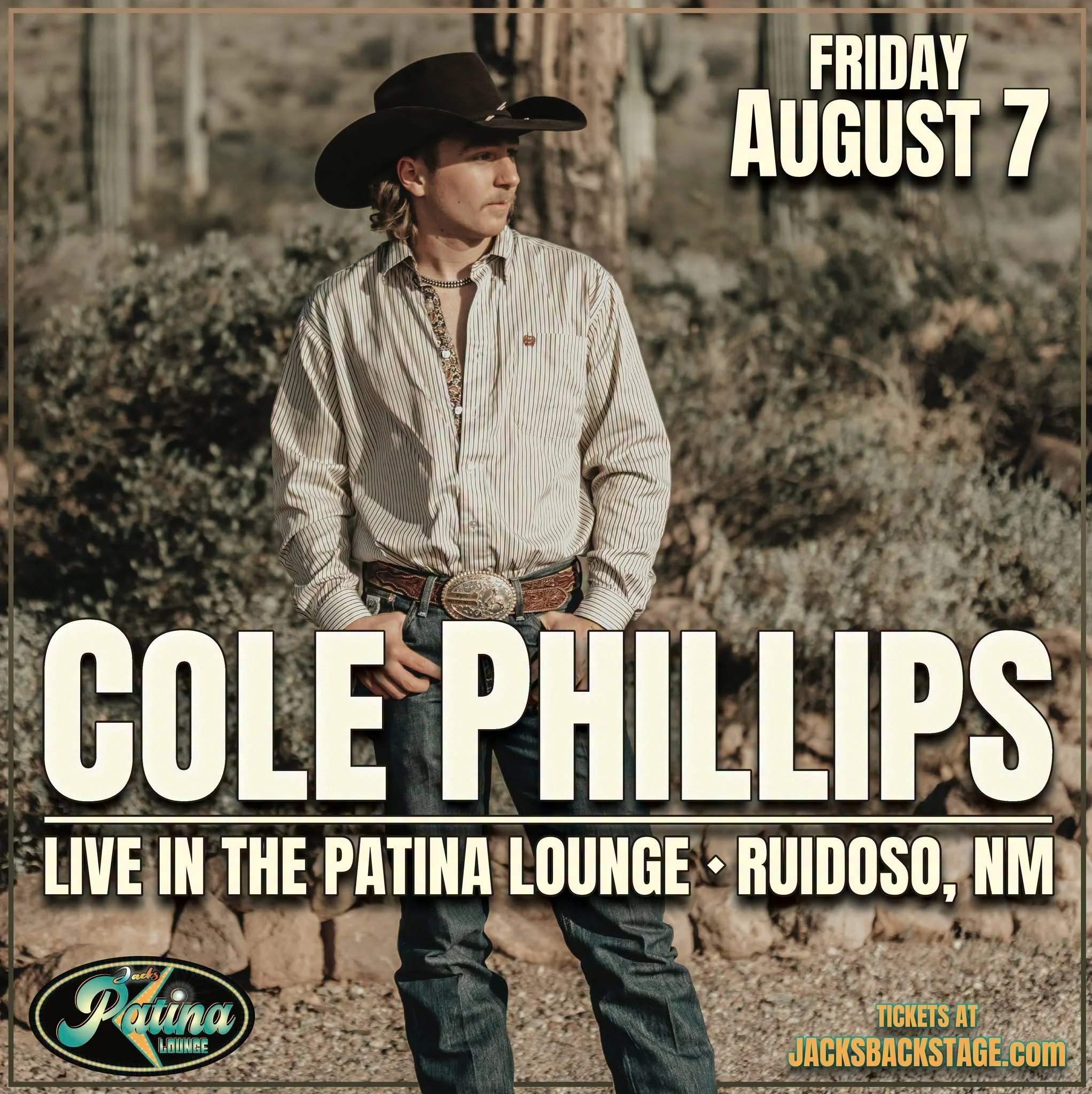 Cole Phillips performing live at the Patina Lounge at Jacks Backstage in Ruidoso, New Mexico on August 7, 2026.
