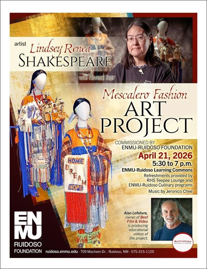 Promotional event flyer for the unveiling of the Mescalero Fashion Art Project, a commissioned work by artist Lindsey Renea Shakespeare at ENMU-Ruidoso on April 21, 2026, from 5:30 to 7:00 pm