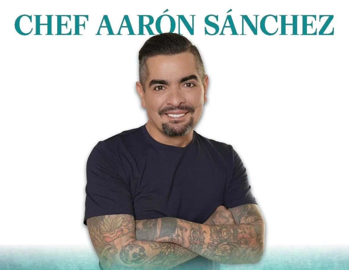 Portrait of Chef Aarón Sánchez with arms crossed beneath his name on a white background.