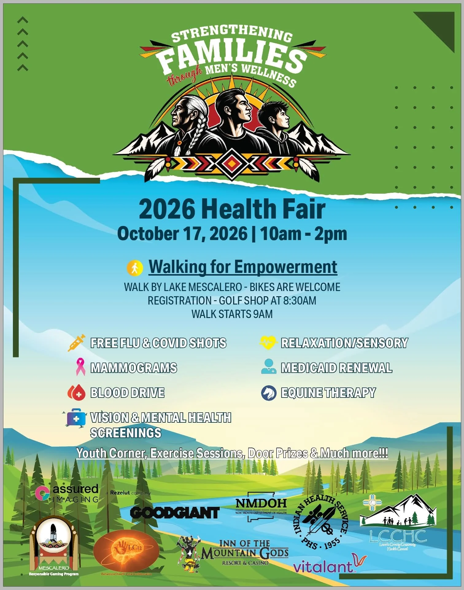 Promotional flyer for the 2026 Health Fair at Inn of the Mountain Gods on October 17, featuring Walking for Empowerment and free health and wellness services.