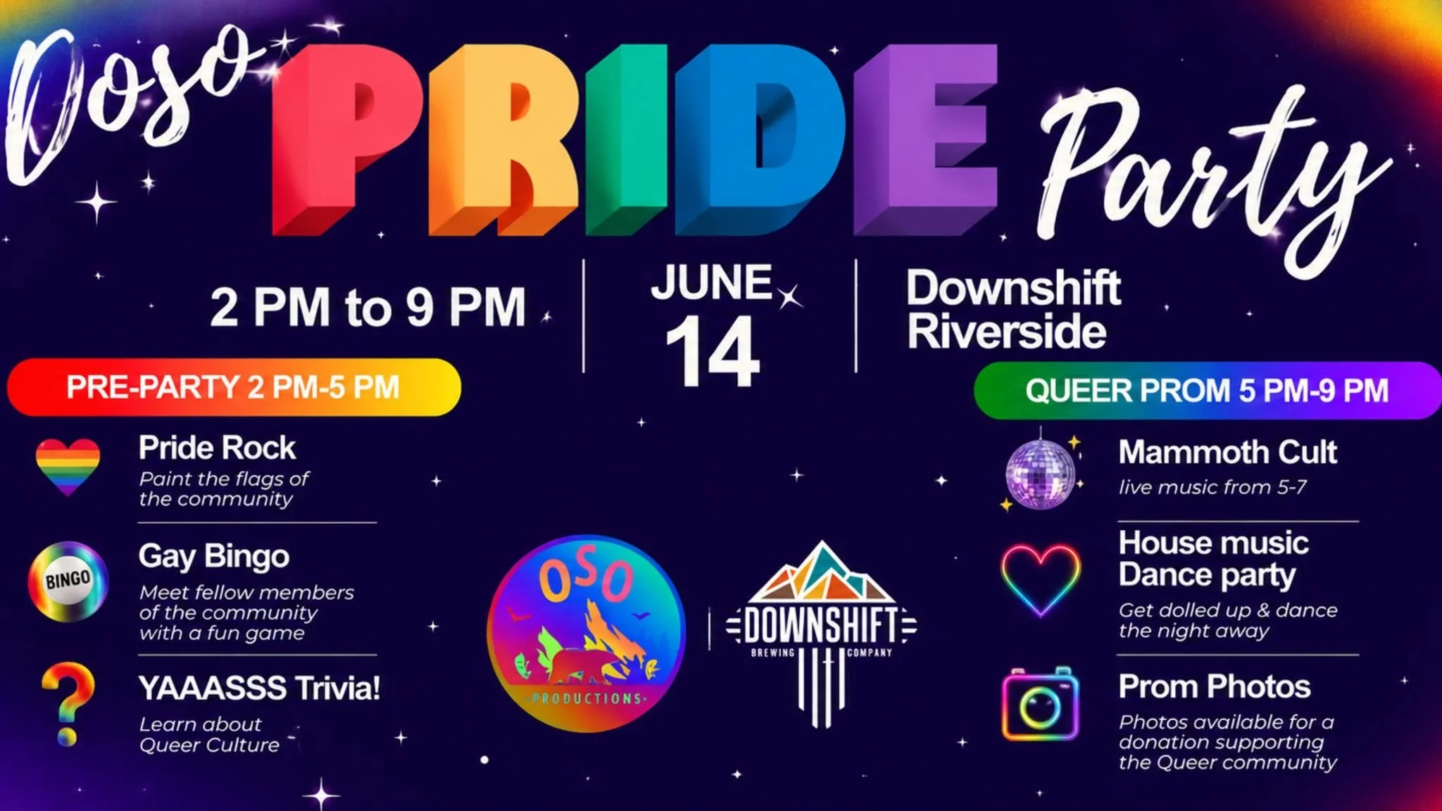 Colorful promotional graphic for the Doso Pride Party at Downshift Brewing Company – Riverside featuring rainbow lettering, event details for June 14, Pride-themed activities, live music, dancing, and Queer Prom celebrations in Ruidoso, New Mexico.