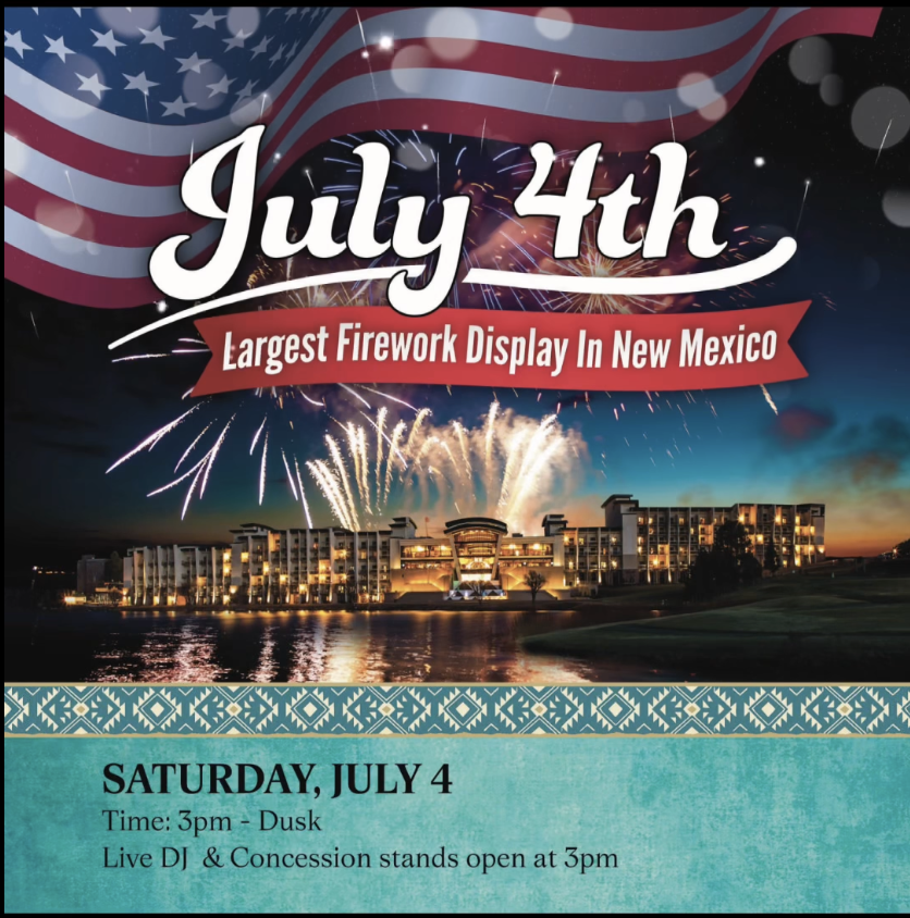 Promotional graphic for a July 4th fireworks celebration at Inn of the Mountain Gods featuring fireworks over the resort, an American flag, and event details for live entertainment and fireworks at dusk.