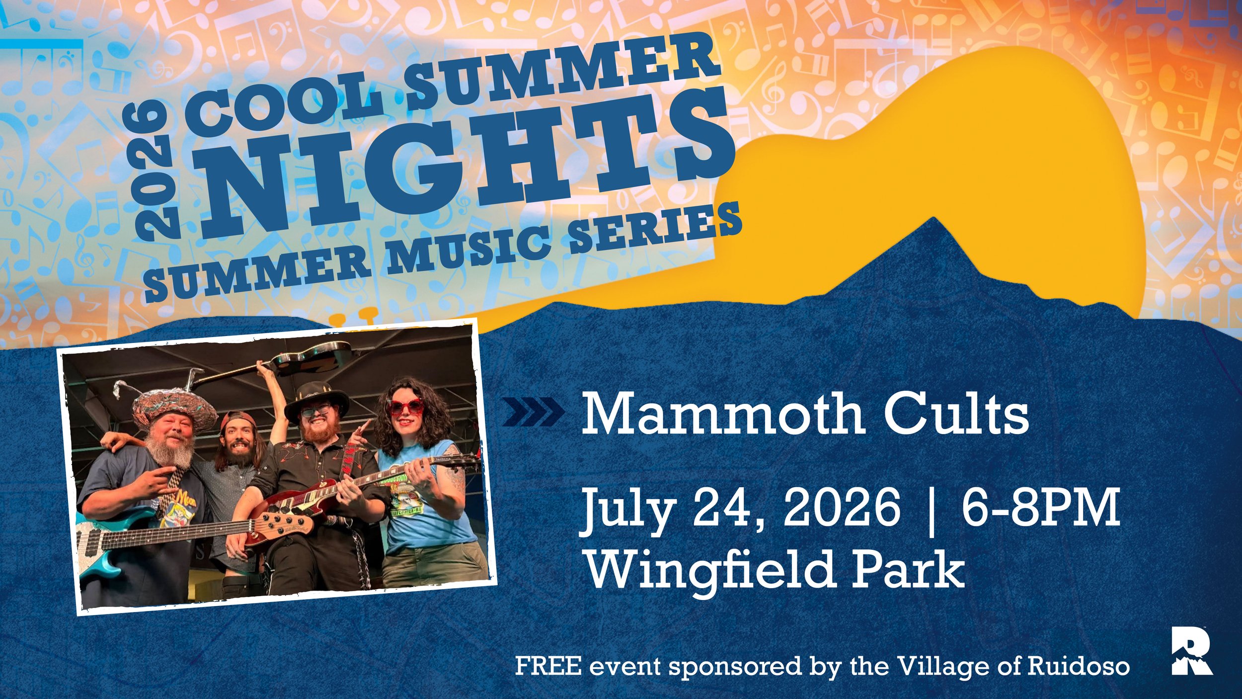 Cool Summer Nights 2026 poster featuring Mammoth Cults performing July 24, 6–8 p.m. at Wingfield Park in Ruidoso. Free event.