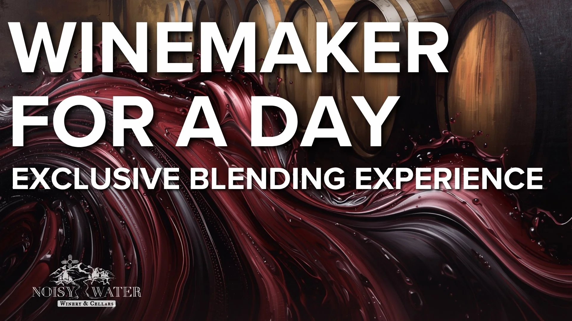 Winemaker for a Day exclusive wine blending experience at Enchanted Vine in Alto, New Mexico, featuring wine barrels and swirling red wine.