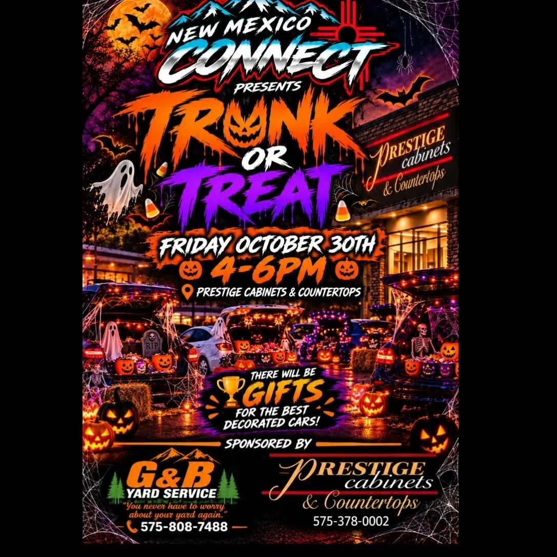 New Mexico Connect Trunk-or-Treat event poster for October 30, 2026, from 4 to 6 PM at Prestige Cabinets & Countertops in Ruidoso, featuring decorated cars, pumpkins, ghosts, and Halloween imagery.
