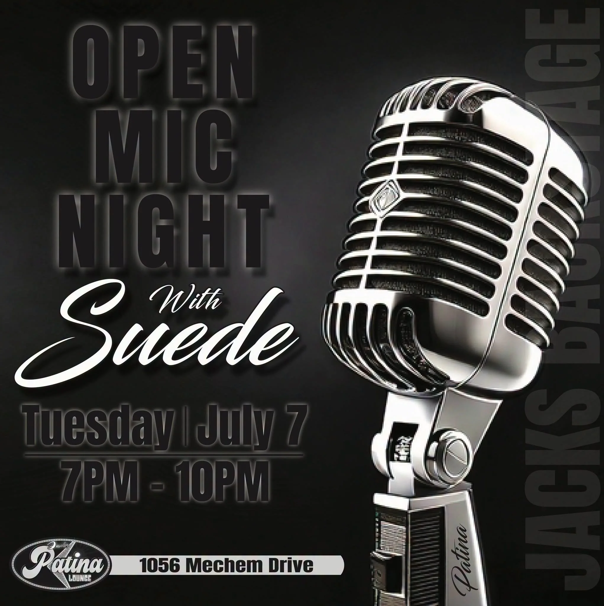 Promotional graphic for Open Mic Night with Suede at Patina Lounge in Ruidoso on Tuesday, July 7, from 7–10 p.m., featuring a vintage-style microphone.