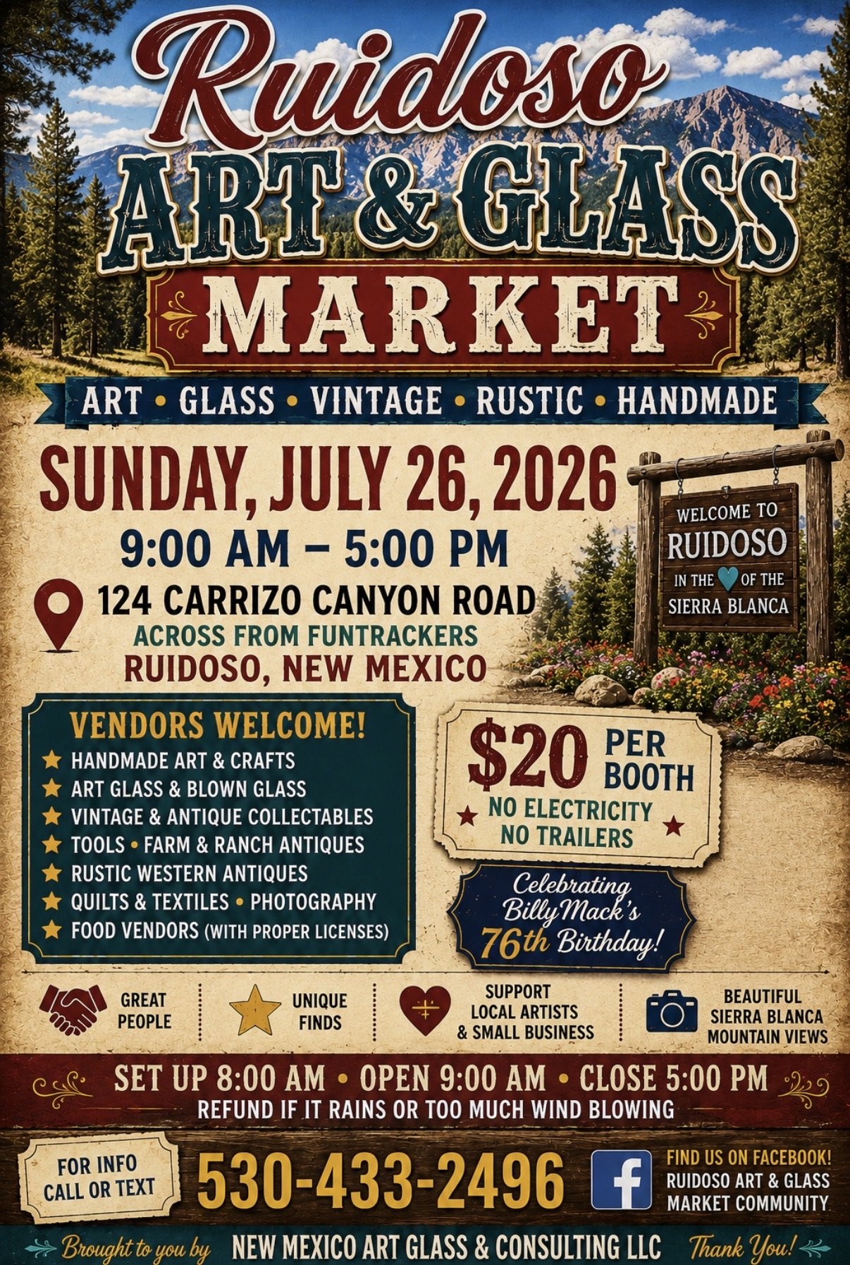 Promotional poster for the Art & Glass Market at New Mexico Art & Glass, July 26 in Ruidoso, featuring local art, glass, antiques, and collectibles.