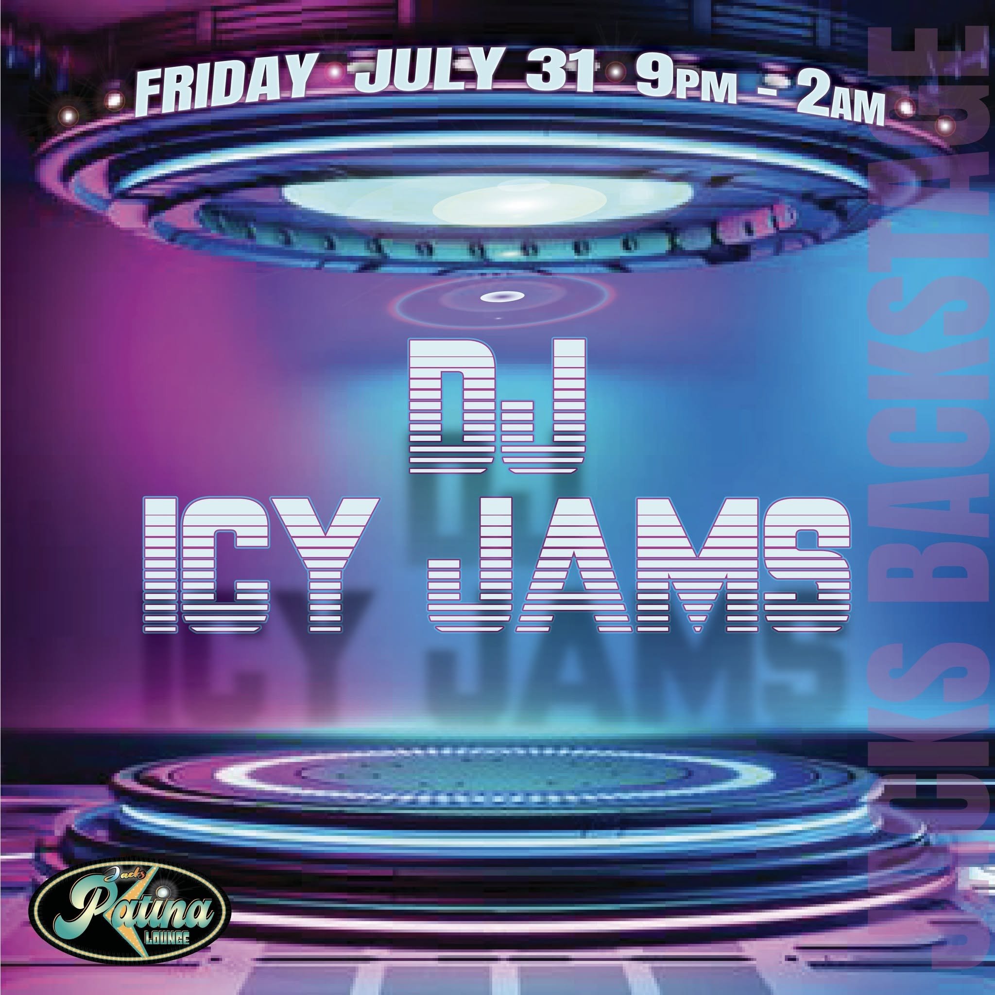 Promotional graphic for DJ ICY JAMS performing at Jack’s Patina Lounge in Ruidoso on Friday, July 31, from 9 PM to 2 AM, featuring a futuristic neon dance floor design.
