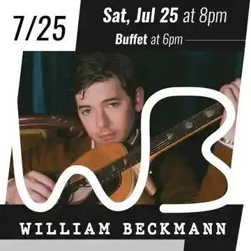 Promotional poster for William Beckmann performing at Spencer Theater on Saturday, July 25 at 8 PM.
