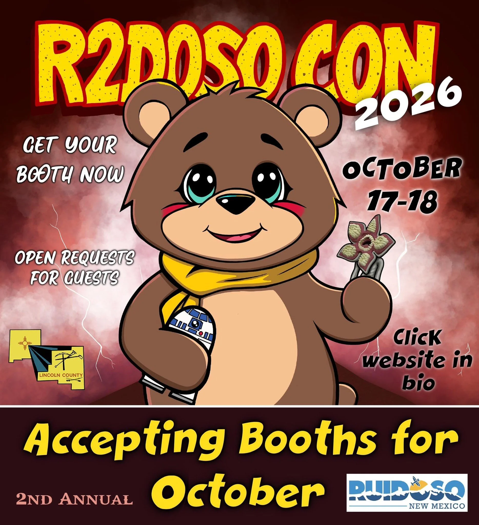 Promotional graphic for R2Doso Comic Con 2026 featuring a cartoon bear inspired by pop culture fandoms, event dates for October 17–18, and information about vendor booths and guest requests in Ruidoso, New Mexico.