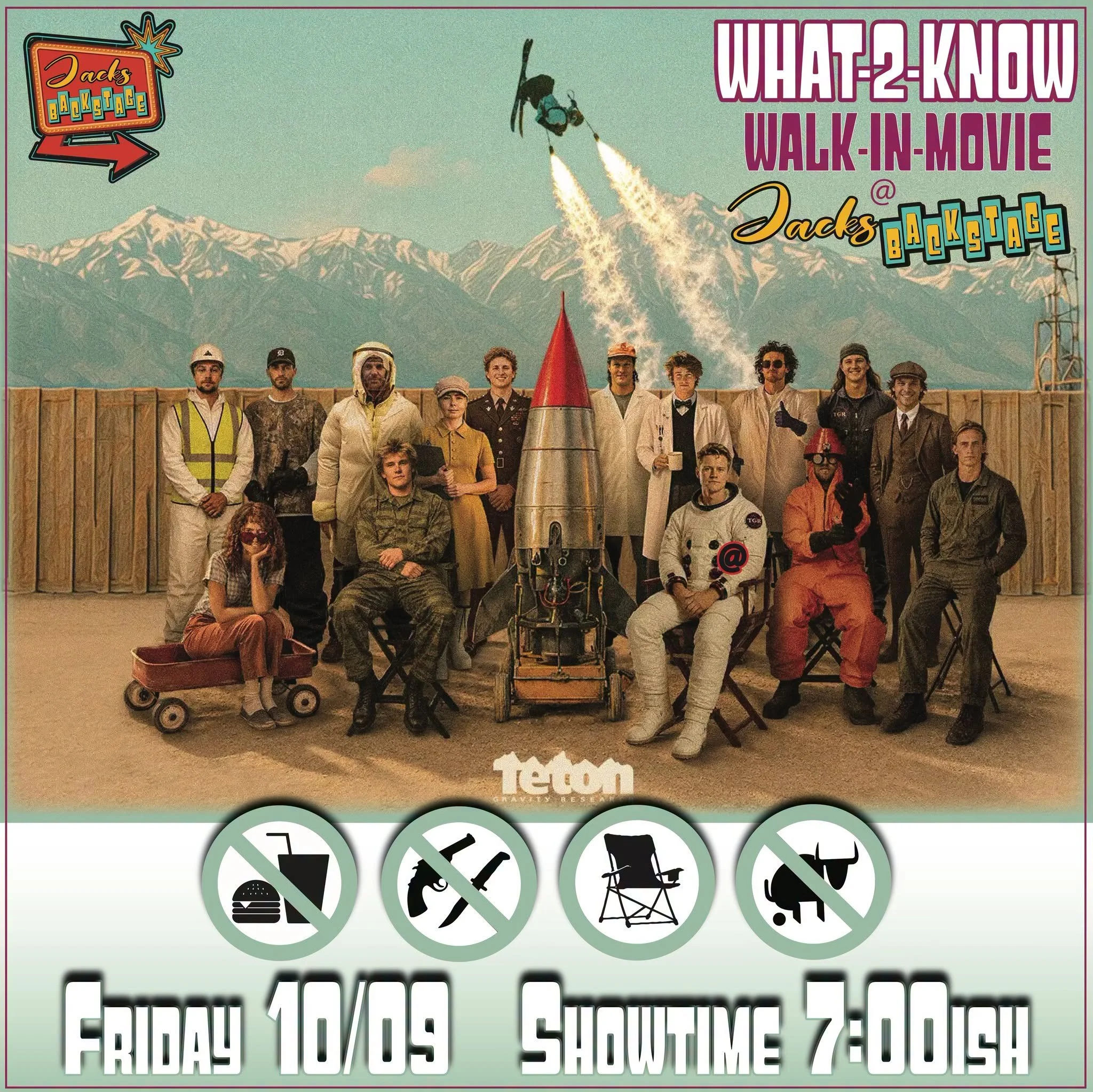 Walk-In Movie Night poster for Teton Gravity Research’s Actually, It Is Rocket Science at JACKS Backstage in Ruidoso on Friday, October 9, 2026, with showtime at 7 PM.