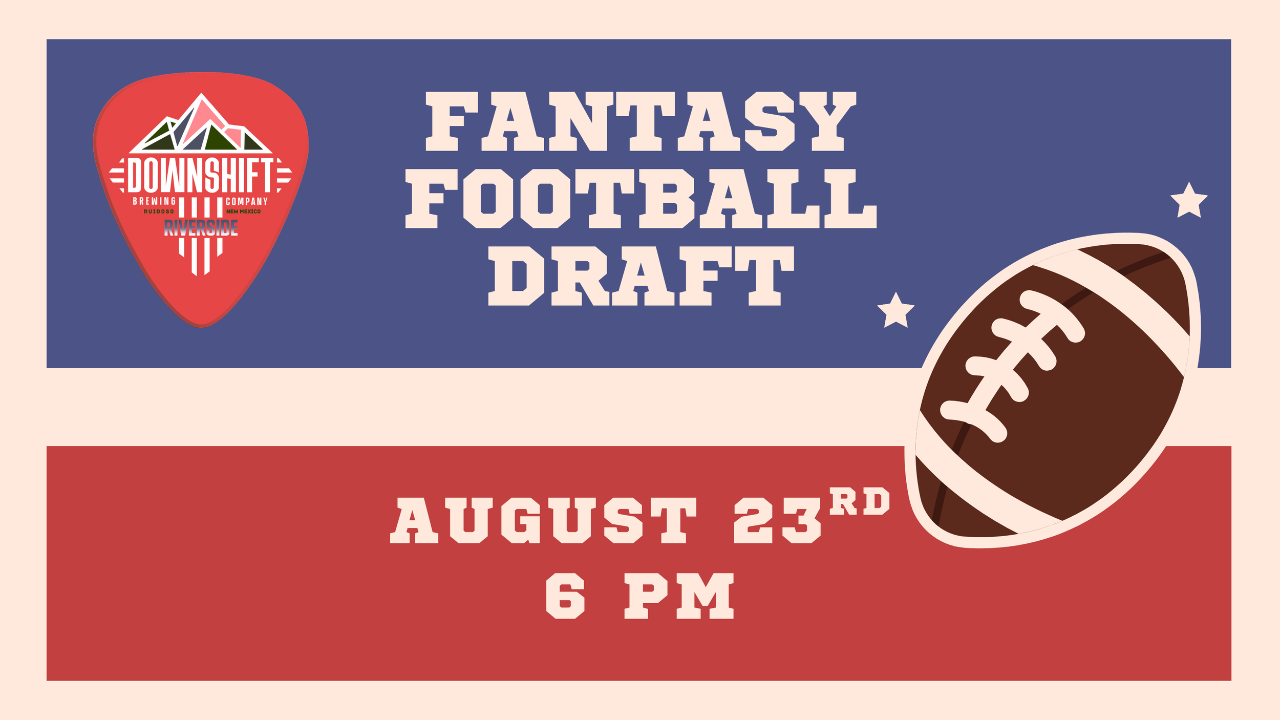 Promotional graphic for the Fantasy Football Draft Party at Downshift Brewing Company – Riverside on August 23 at 6 PM.