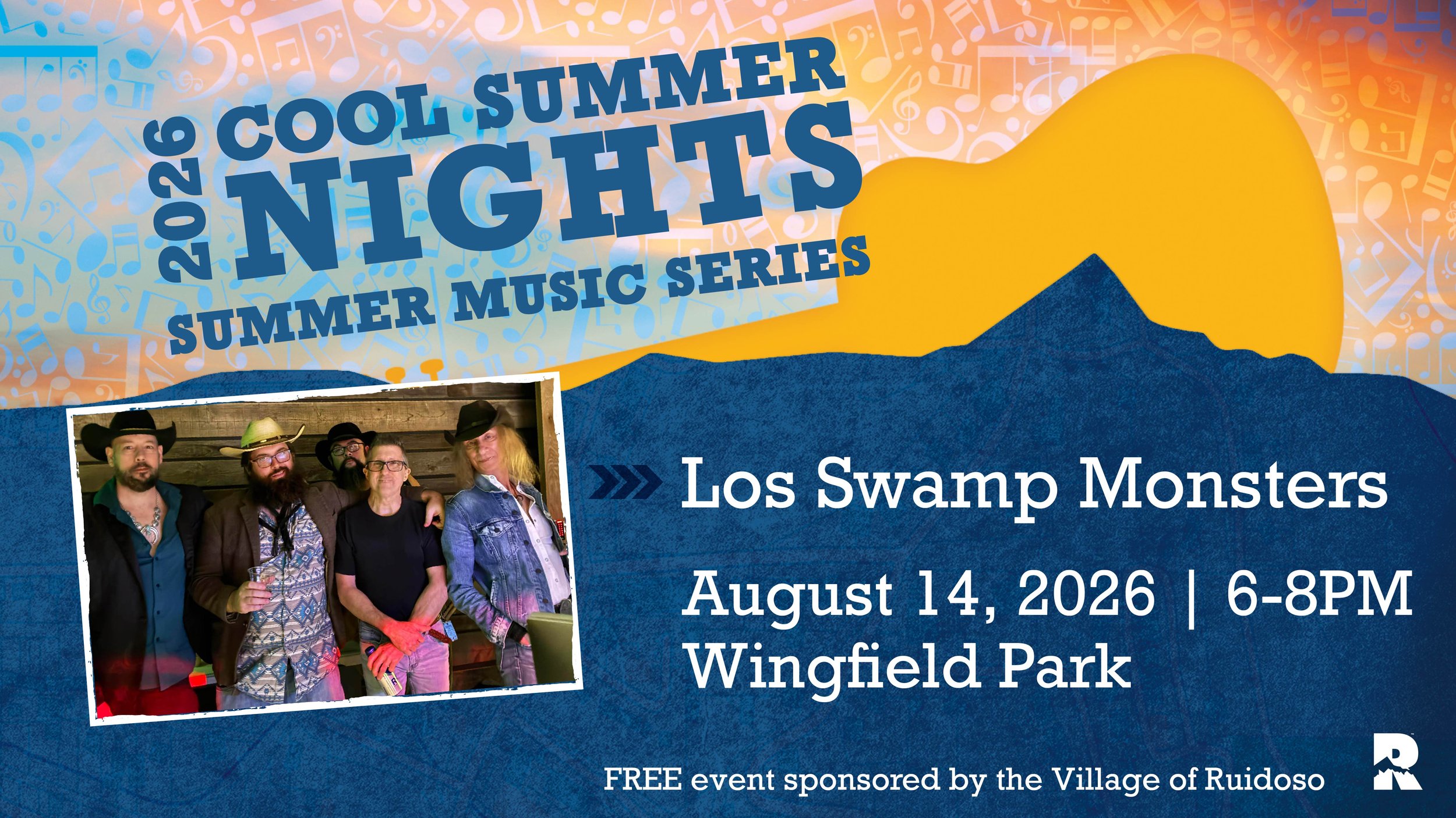 Promotional graphic for the 2026 Cool Summer Nights Summer Music Series featuring Los Swamp Monsters performing at Wingfield Park on August 14, 2026, from 6–8 p.m. Free event sponsored by the Village of Ruidoso.
