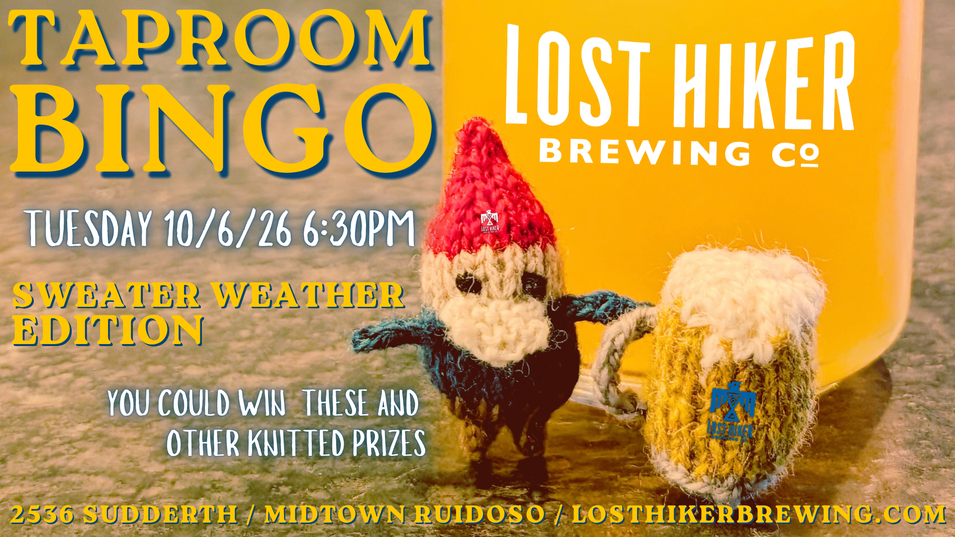 Taproom Bingo Sweater Weather Edition event graphic for Lost Hiker Brewing Company in Midtown Ruidoso, featuring knitted fall-themed prizes and a glass of beer.