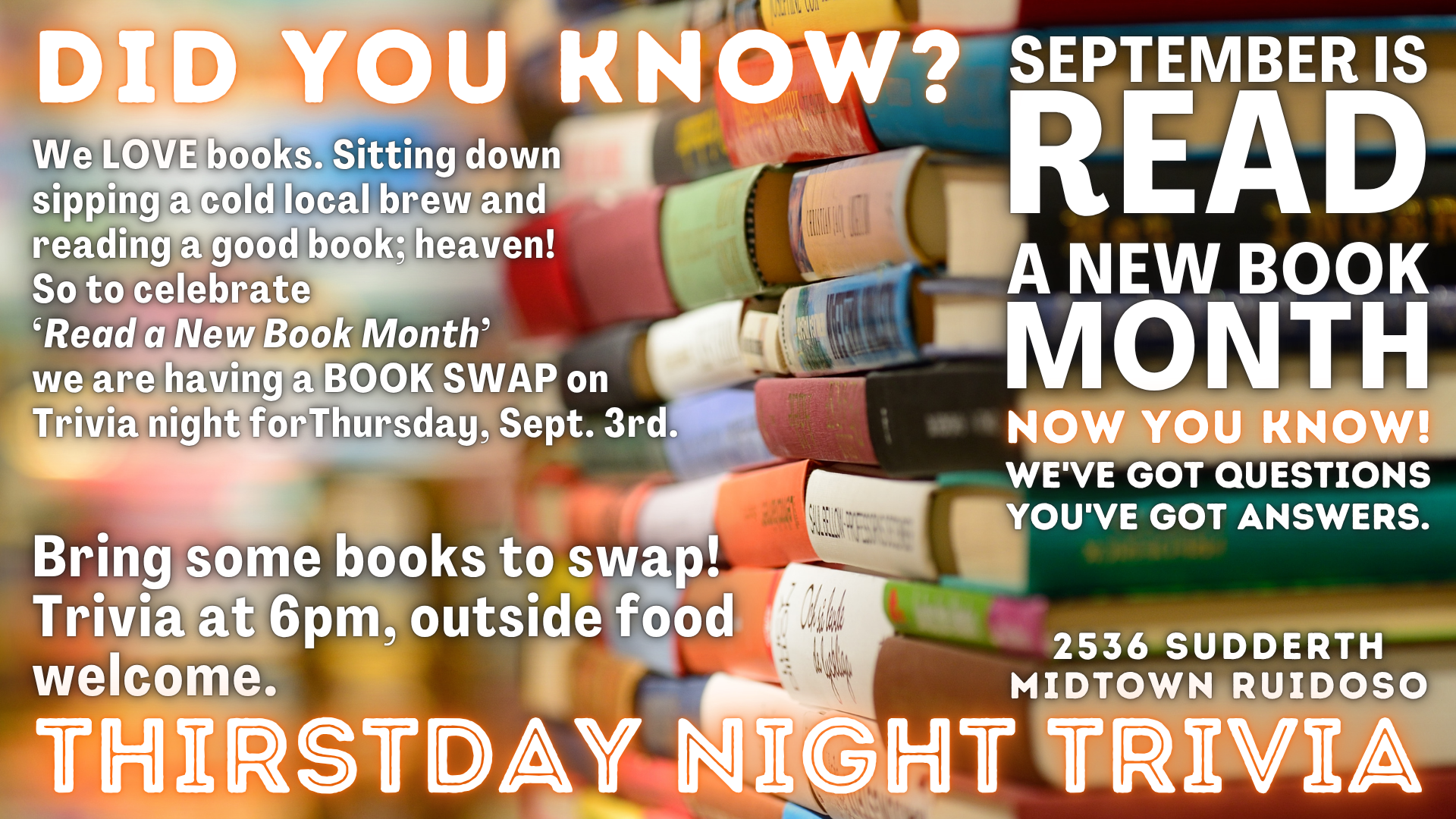 Read a New Book Month book swap and Thirstday Night Trivia at Lost Hiker Brewing in Midtown Ruidoso.