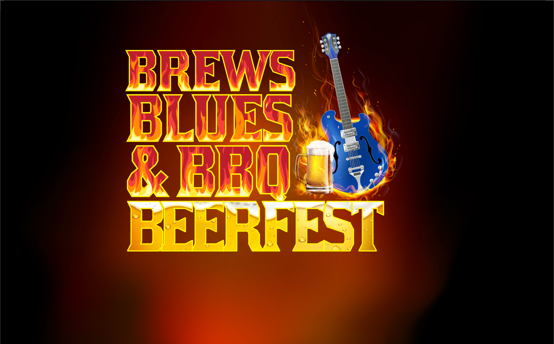 Brews, Blues & BBQ Beerfest graphic featuring a beer mug and blue guitar, promoting the annual lakeside craft beer, barbecue and live music festival at Inn of the Mountain Gods.