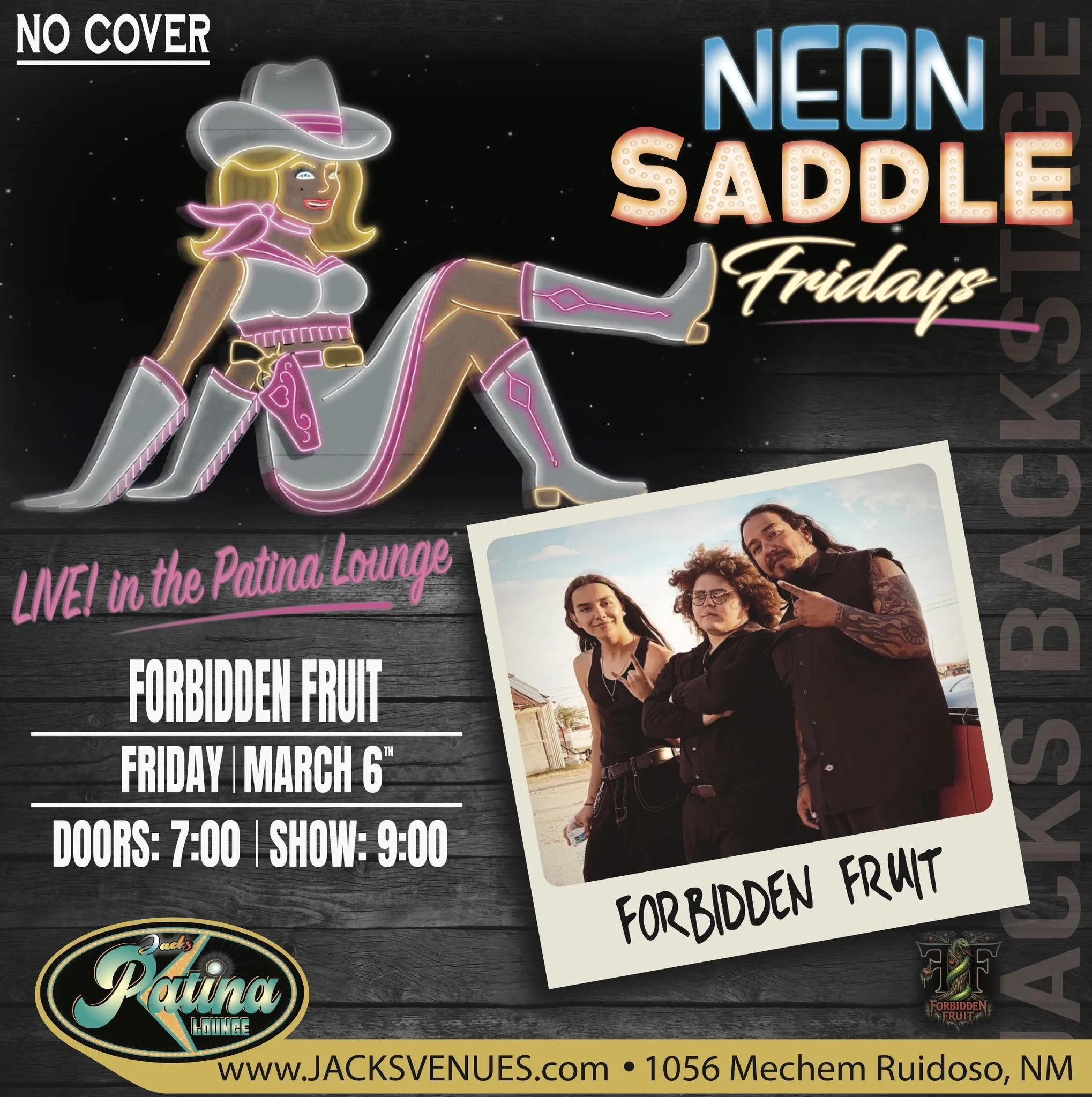 Promotional event graphic for live music at Jacks Patina Lounge in Ruidoso, NM