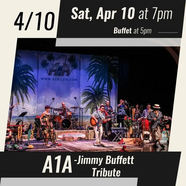 A1A performing a Jimmy Buffett tribute concert on a tropical-themed stage, promoting the April 10 performance at Spencer Theater near Ruidoso.