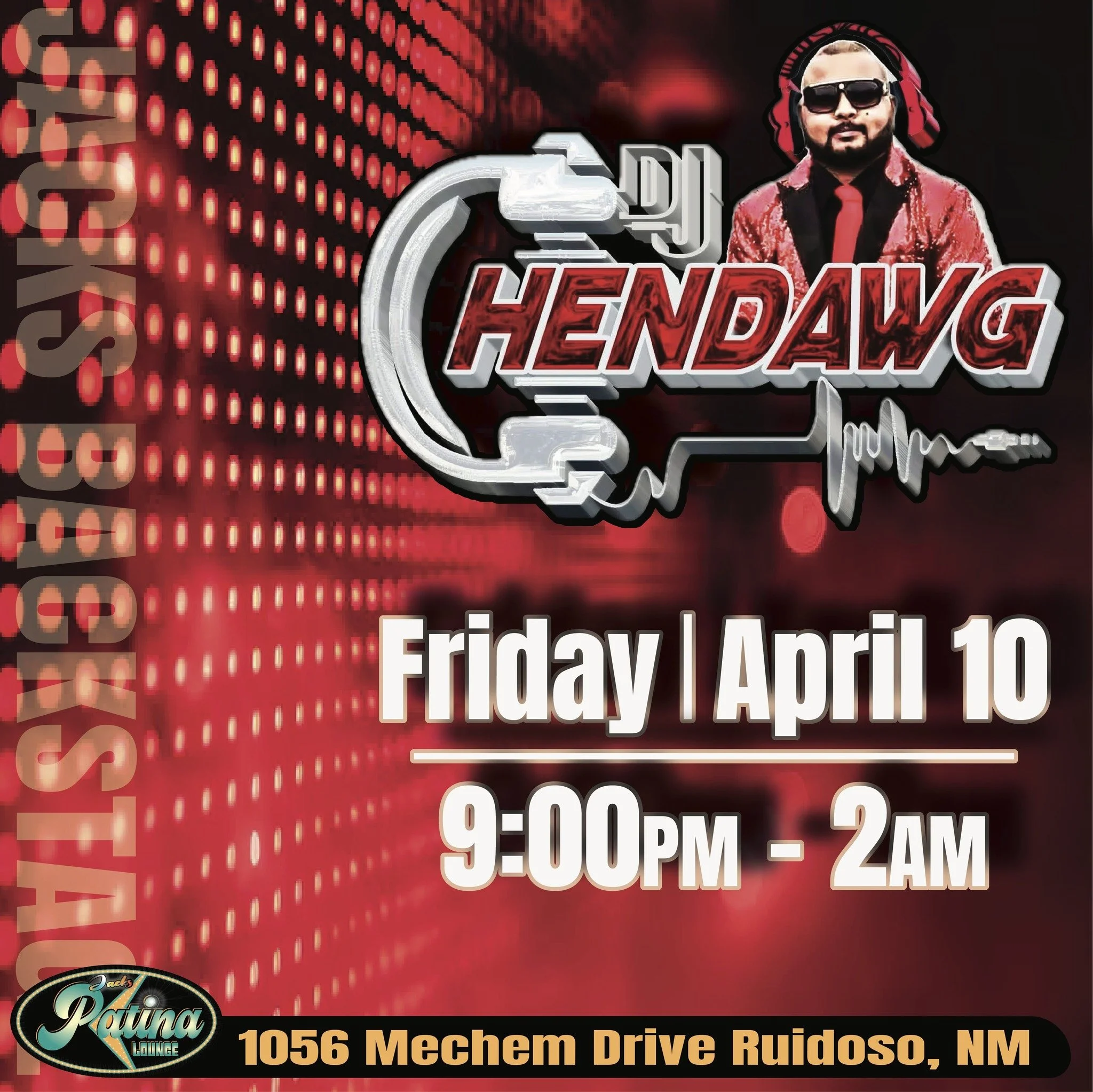 Promotional event graphic for DJ night at Jacks Patina Lounge in Ruidoso, NM