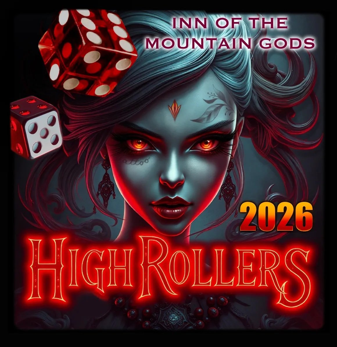 Promotional event graphic for Highrollers Tattoo Expo at Inn of the Mountain Gods in Mescalero, NM near Ruidoso