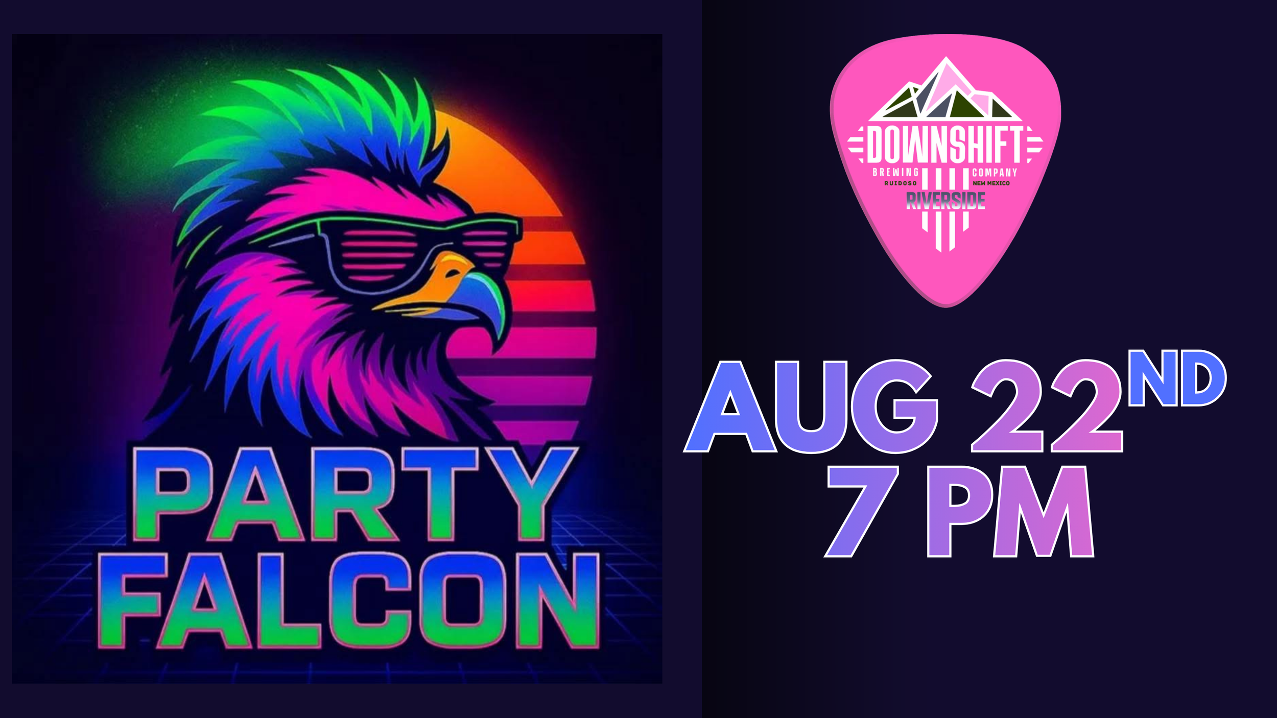 Promotional graphic for Party Falcon performing live at Downshift Brewing Company – Riverside in Ruidoso on August 22 at 7 PM.