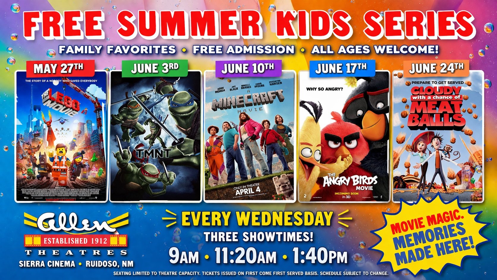 Promotional event graphic for Free Summer Kids Series Ruidoso at Sierra Cinemas on select Wednesdays in 2026 in Ruidoso, NM