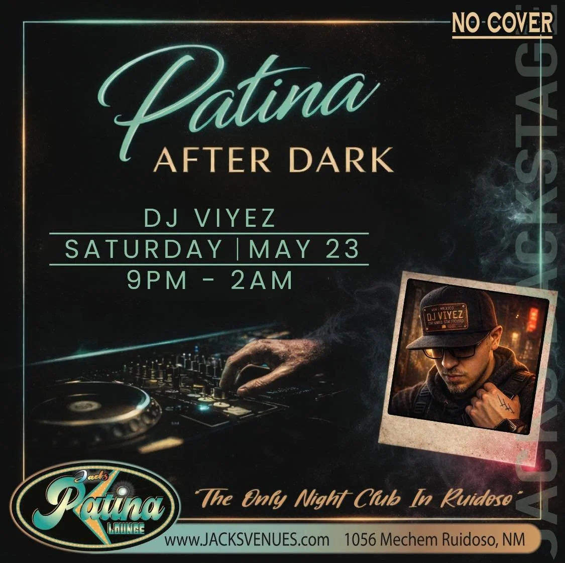 Promotional graphic for Patina After Dark featuring DJ VIYEZ at Patina Lounge in Ruidoso, New Mexico, on Saturday, May 23 from 9 PM to 2 AM, with a neon-style nightclub design, DJ turntable imagery, and a portrait of the featured DJ.