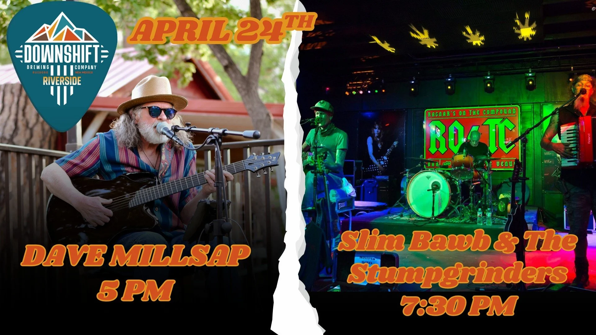 Promotional event graphic for live music at Downshift Brewing Company Riverside in Ruidoso, NM
