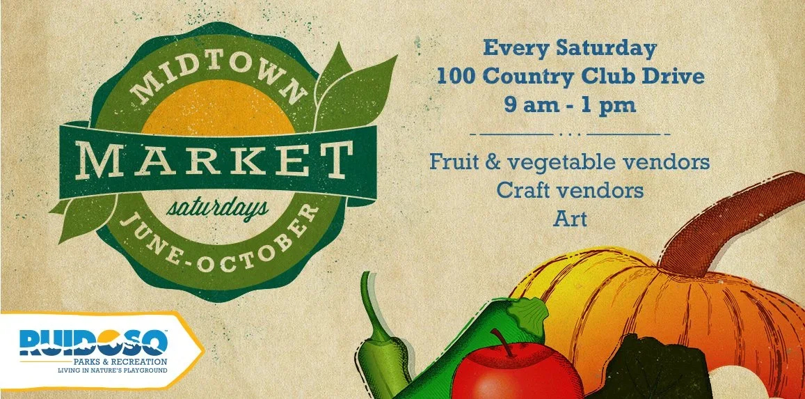 Vintage-style promotional graphic for the Midtown Market in Ruidoso, held every Saturday, June through October, at Country Club Park from 9 a.m. to 1 p.m., featuring local produce, crafts, and art.