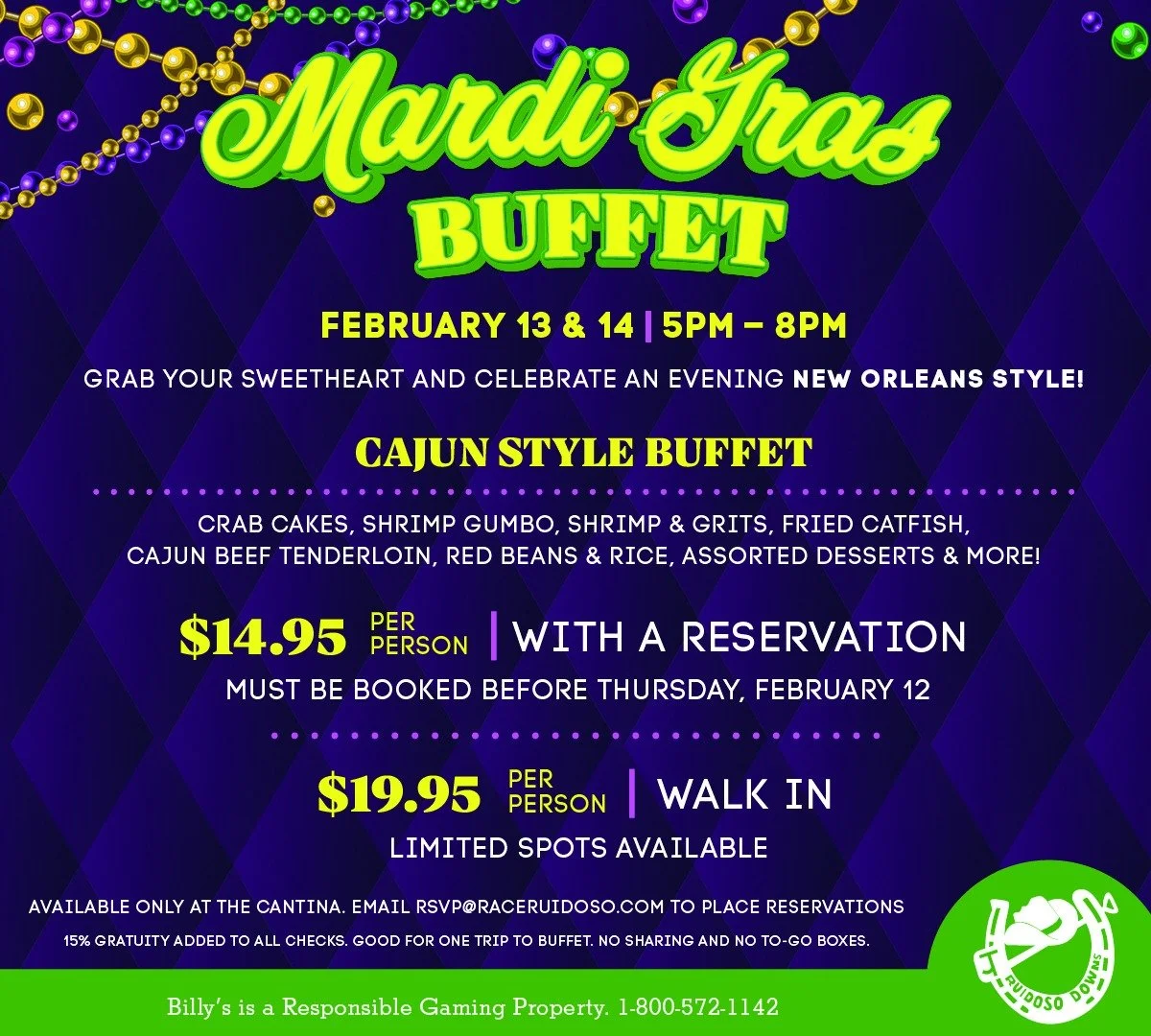 Promotional event graphic for Mardi Gras Cajun Buffet at Billy's Cantina in Ruidoso Downs, NM