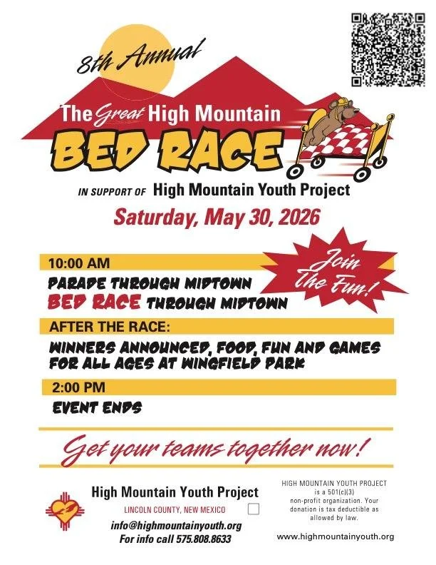 Promotional event flyer for 8th Annual Great High Mountain Bed Race  May 30, 2026, in Ruidoso, NM